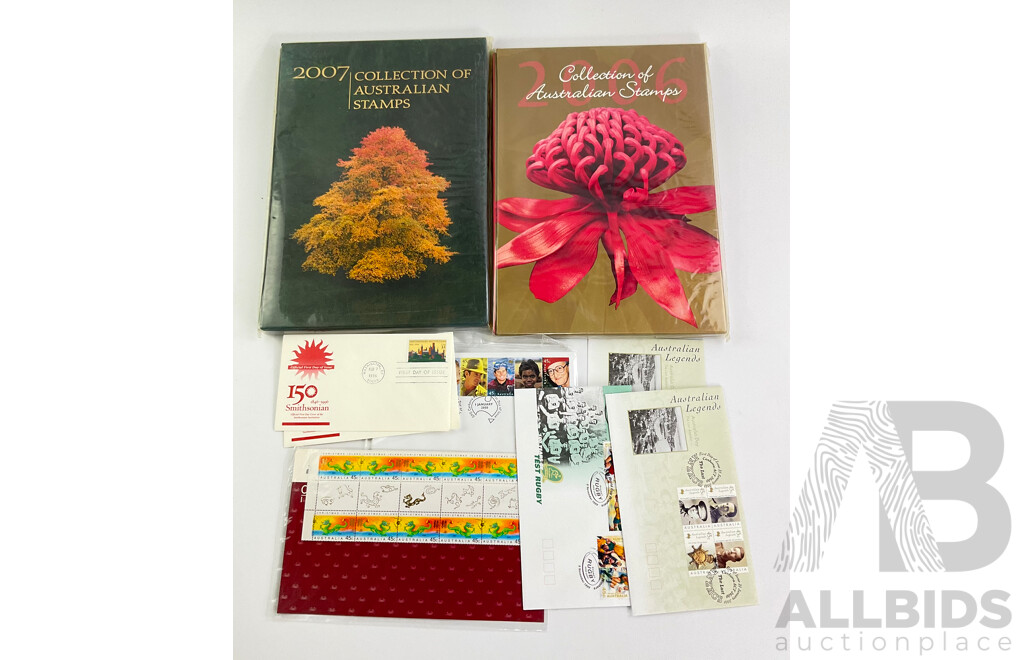 The Collection Australian Stamp Albums Years 2006, 2007, Face Value Over $155 with 1999 Australian Territories Collection and Various First Day Covers