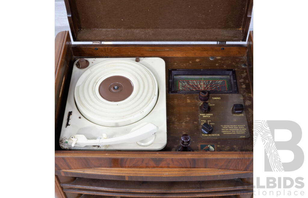 Vintage His Masters Voice Radio with Monarch Record Player in Black Walnut Case