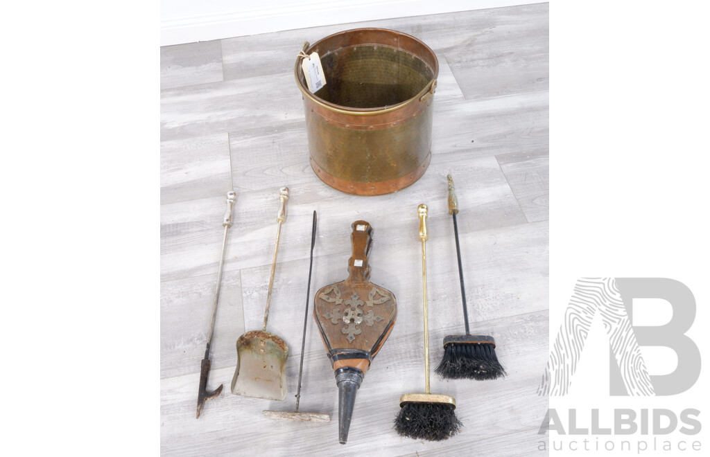 Brass Copper Kindling bucket with fire tools