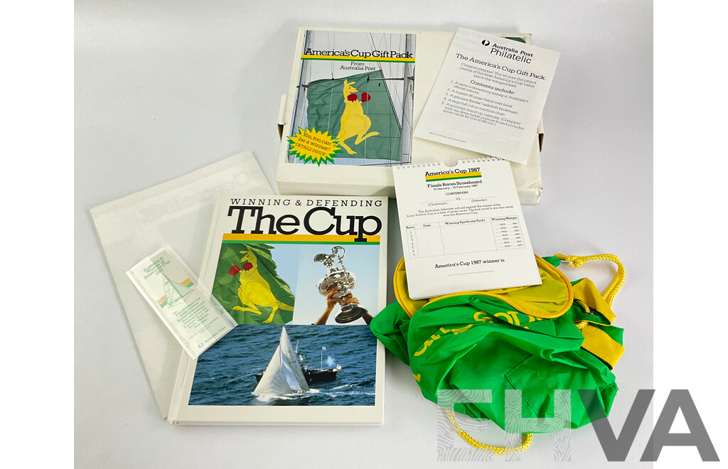 1987 Australia Post Issued America's Cup Gift Pack Includes Book, Map, Sailing Bag, Calender and Bookmark