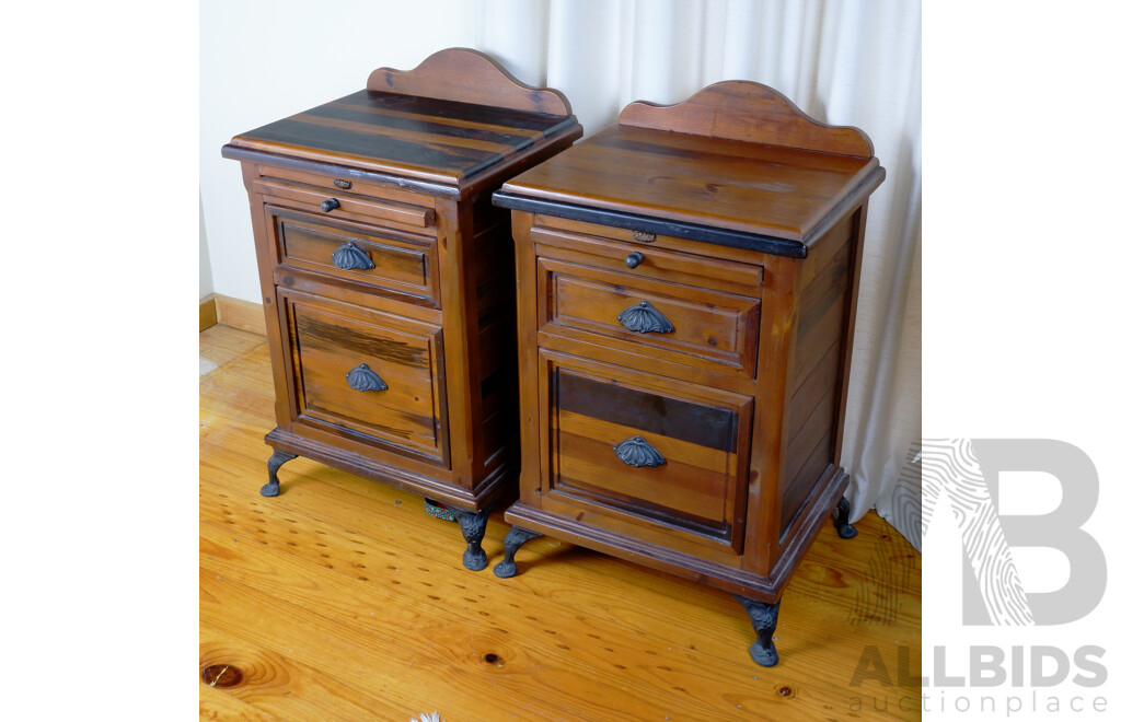 Pair of Vintage Stained Pine Bedside Chest of Drawers with Brush Slides