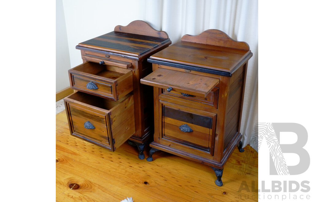 Pair of Vintage Stained Pine Bedside Chest of Drawers with Brush Slides