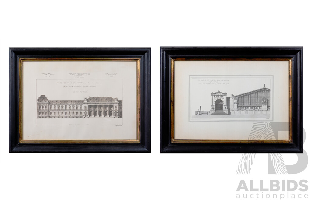 Two Framed Reproduction 19th Century European Architectural Drawings, each 60 x 77 cm (2)