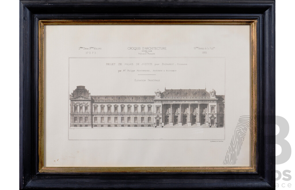 Two Framed Reproduction 19th Century European Architectural Drawings, each 60 x 77 cm (2)