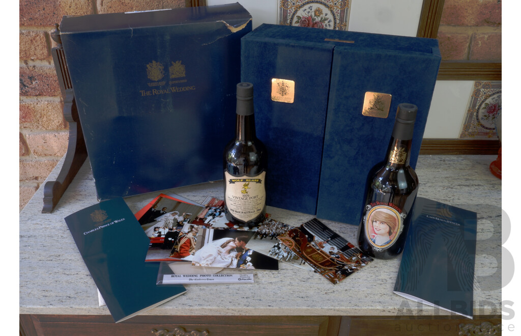 The Royal Wedding of Lady Dianna & Prince Charles, Two 750ml Bottles Wolf Blass 1979 Vintage Port in Presentation Case