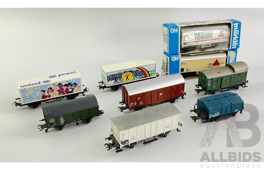 Collection of Nine Marklin HO Scale German Freight Wagons Including Track Cleaner