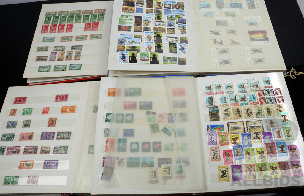 Collection of Four Vintage Block, Unhinged and Cancelled Stamp Albums From Pacific Region Including New Zealand, Norfolk Island, Keeling Islands, Cook Islands, Tonga and More