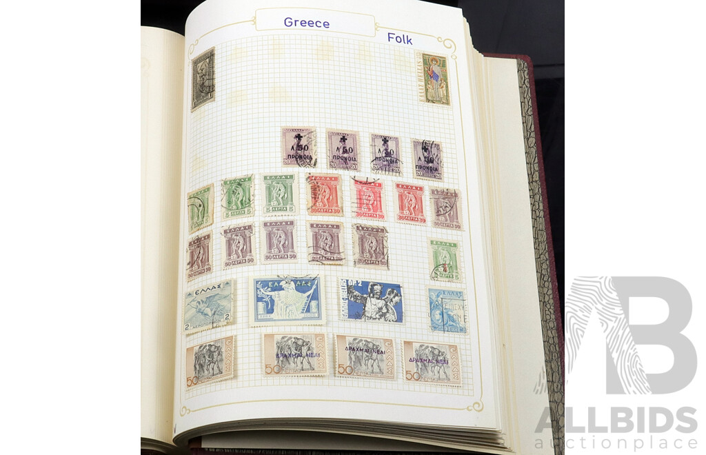 Collection of Five Vintage Hinged and Cancelled Stamp Albums From Countries Beginning with 'D'  'E'  'F' and 'G' Including Dubai, Egypt, France, Germany, Great Britain, Greece and Many More