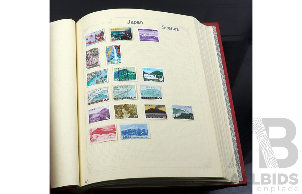 Collection of Eight Vintage Hinged and Cancelled Stamp Albums From Countries Beginning with 'G'  'H'  'I'  'J' and 'K' Including Grenada, Haiti, India, Japan, Jugoslavia, Kenya and Many More
