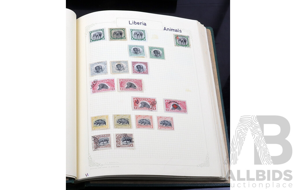 Collection of Six Vintage Hinged and Cancelled Stamp Albums From Countries Beginning with 'L'  'M'  'N'  'O' and 'P' Including Liberia, Liechtenstein, Luxembourg, Madagascar, Malaysia, Mexico, Nigeria, Norway, Oceania French, Pakistan and Many More