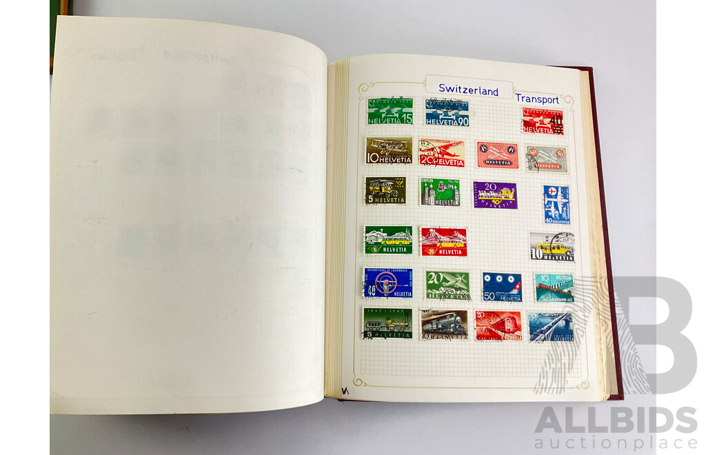 Collection of Four Vintage Hinged and Cancelled Stamp Albums From Countries Beginning with 'S' and 'T' Including Soloman Islands, South Africa, Spain, Sudan, Sweden, Switzerland, Thailand, Timor and Many More