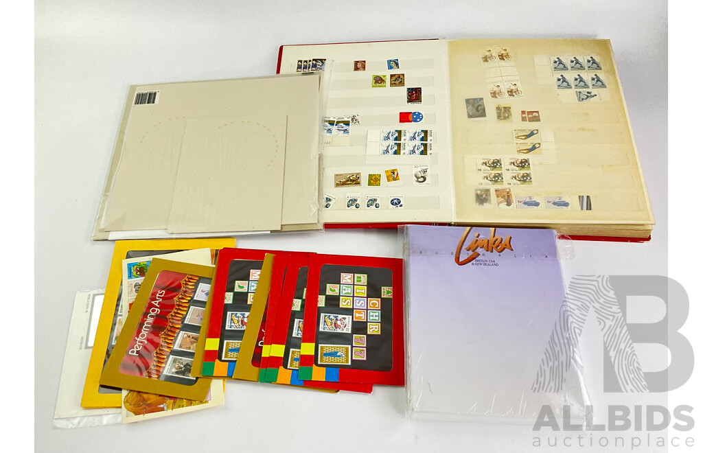 Collection of Australian Stamps Including 1988 Links Album, Vintage Unhinged, Blocks, Cancelled and Stamp Packs