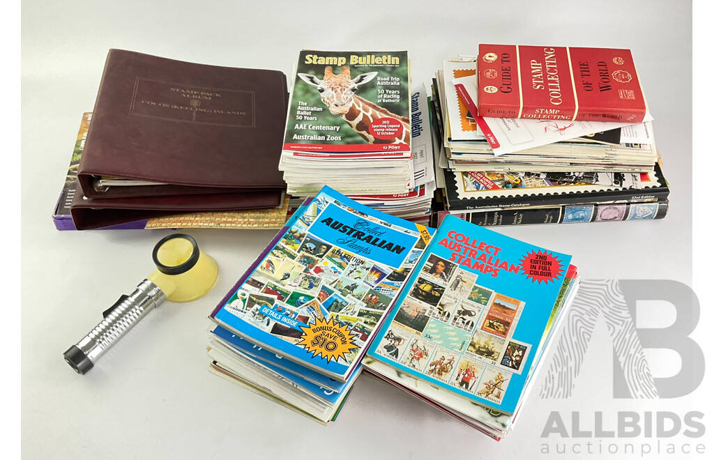 Large Collection of Philatelist Books, Bulletins and Catalogues Including The Dictionary of Stamps, the Australian Stamp Catalogue and More