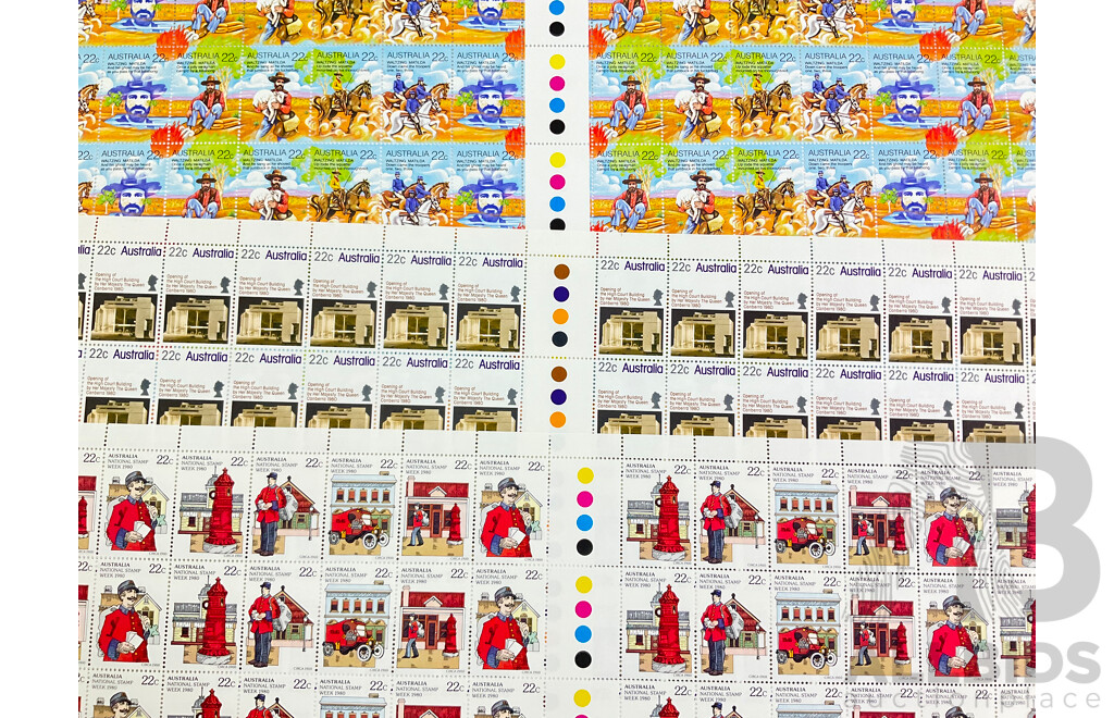 Australian Stamp Sheets Including 1980 National Stamp Week, 1980 Opening of the High Court, 1980 Waltzing Matilda,  All Fully Gummed