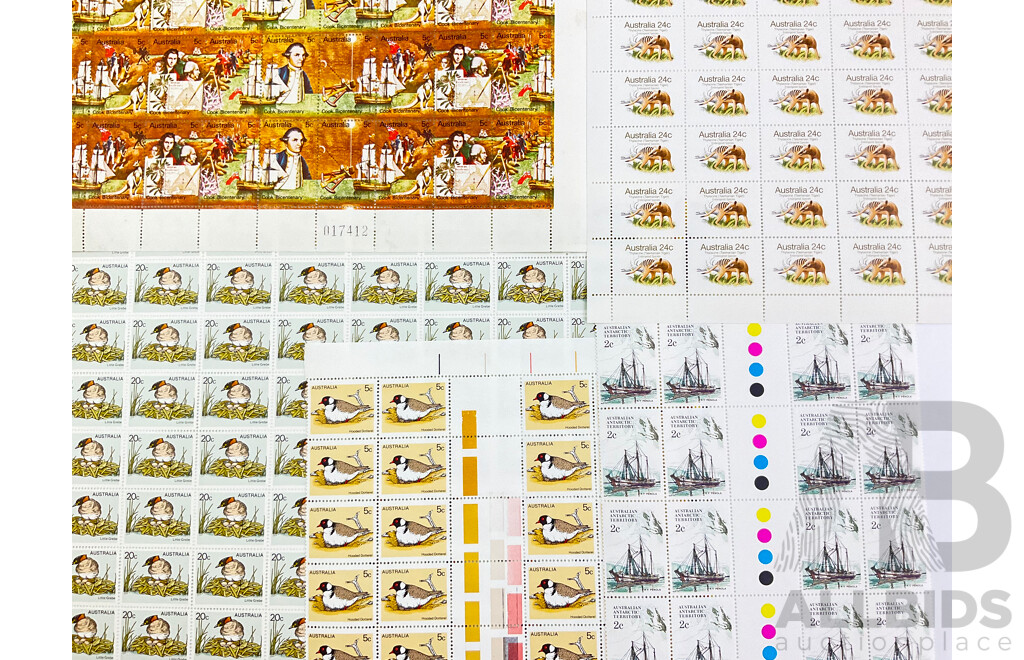 Australian Stamp Sheets Including 1970 Bicentenary of Captain Cook's Discovery of Australia, 1978 Little Grebe, 1981 Thylacine (Tasmanian Tiger) 1978 Hooded Dotterel, Australian Antarctic Territories, All Fully Gummed