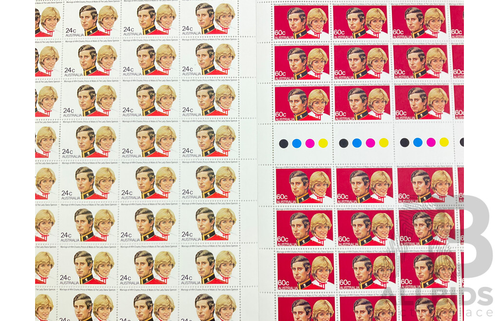 Australian Stamp Sheets, 1981 Princess Dianna and King Charles Wedding, All Fully Gummed