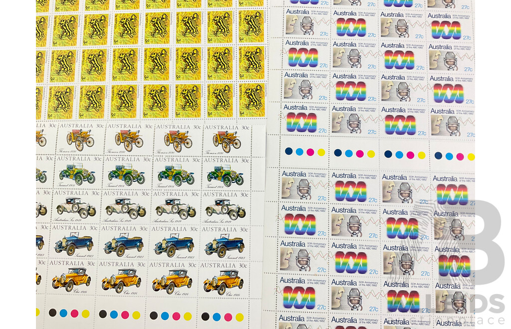 Australian Stamp Sheets Including, 1982 ABC 50th Anniversary, 1984 Vintage Cars, 1981 Corroboree Frog, All Fully Gummed