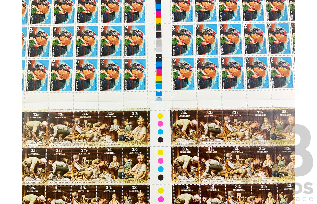 Australian Stamp Sheets Including 1982 Australia Day, 1986 Click Go the Shears, All Fully Gummed