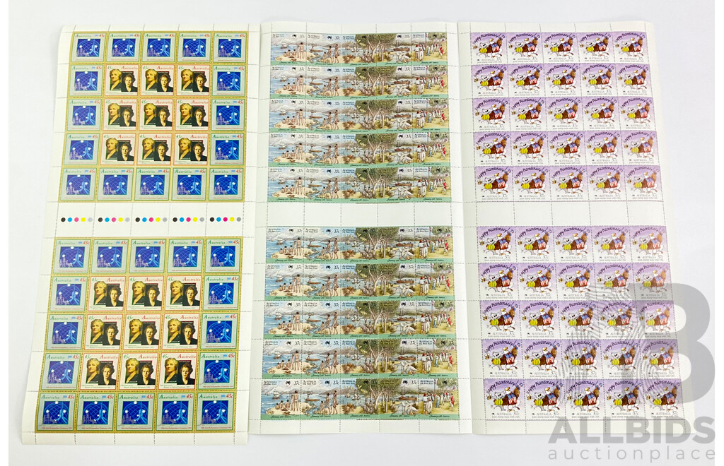 Australian Stamp Sheets Including 1988 Joint Issue with USA, 1988 First Fleet, 1993 Woman in Federal Parliament, 90th Inter Parliamentary Conference, All Fully Gummed