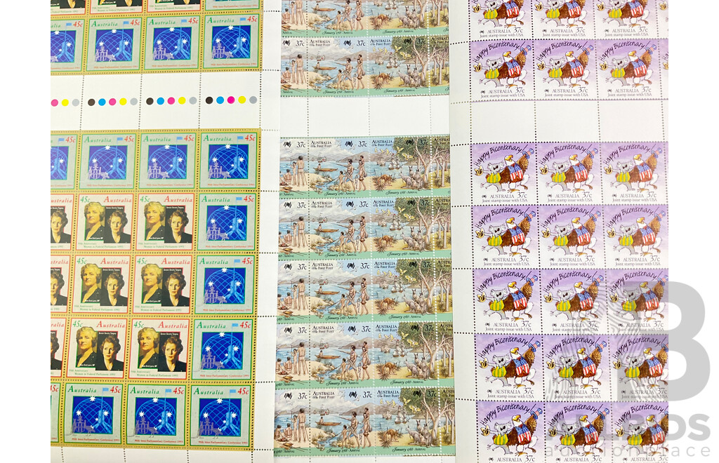 Australian Stamp Sheets Including 1988 Joint Issue with USA, 1988 First Fleet, 1993 Woman in Federal Parliament, 90th Inter Parliamentary Conference, All Fully Gummed