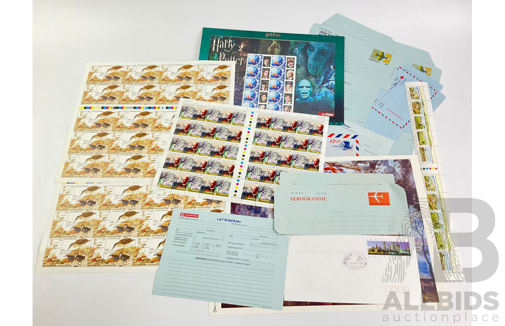 Australian and International Stamps and Aerogrammes Including Cocos (Keeling) Islands Birds Stamp Sheet, Australian Centenary of Federation Stamp Sheet, Australian Harry Potter Stamp Pack and Australian, Canadian and USA Aerogrammes