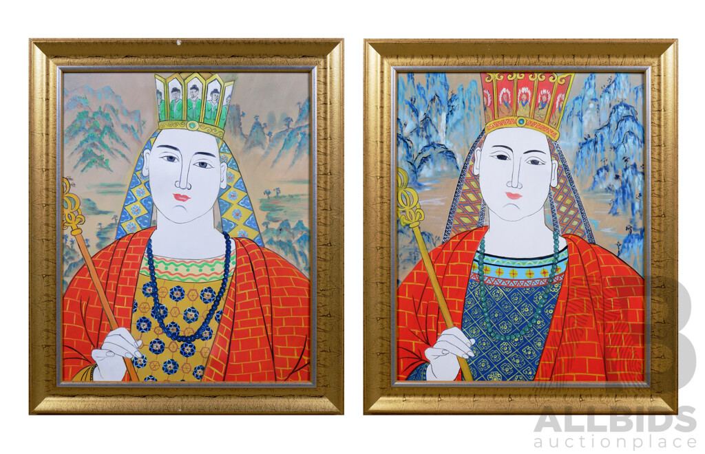 Pair of Contemporary Asian Monarch Portraits, Acrylic on Canvas (2)