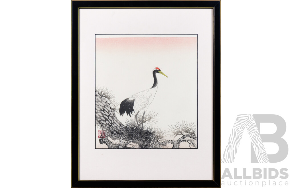 Chinese Ink Painting of a Crane and Pine Tree, Image 28cm by 25cm