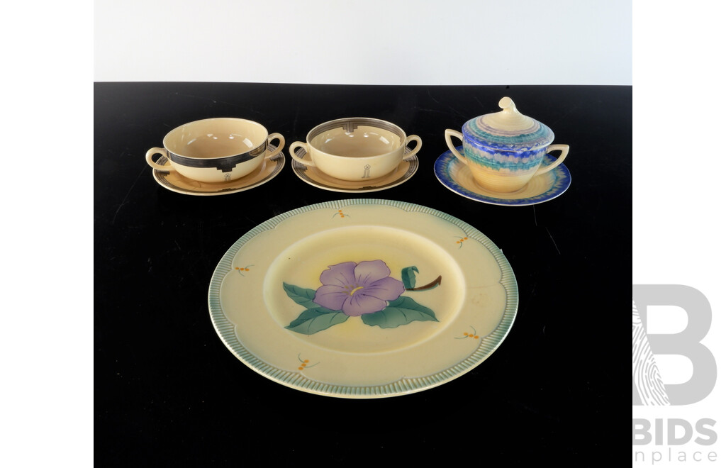 Collection Clarice Cliff Porcelain Pieces Including Hand Pianted Bizarre Lidded Dish with Underplate, Pair Handled Soup Bowls with Underplates and More