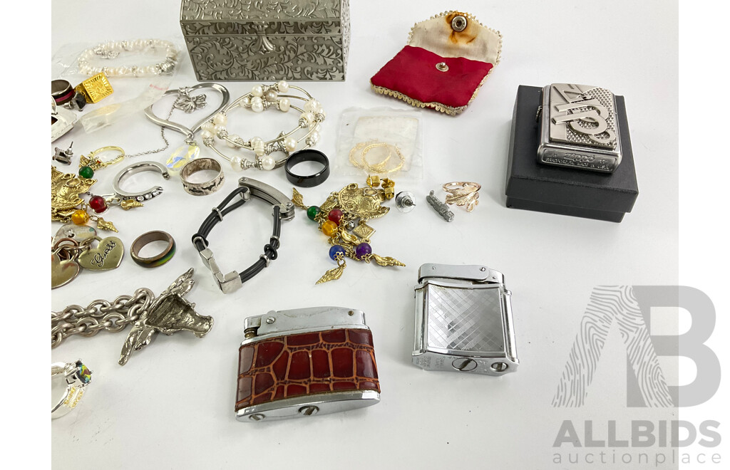 Collection of Costume Jewellery Including Rings, Earrings, Pewter Jewellery Box and Vintage Lighters