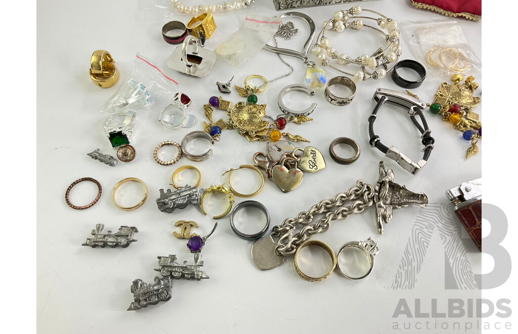 Collection of Costume Jewellery Including Rings, Earrings, Pewter Jewellery Box and Vintage Lighters