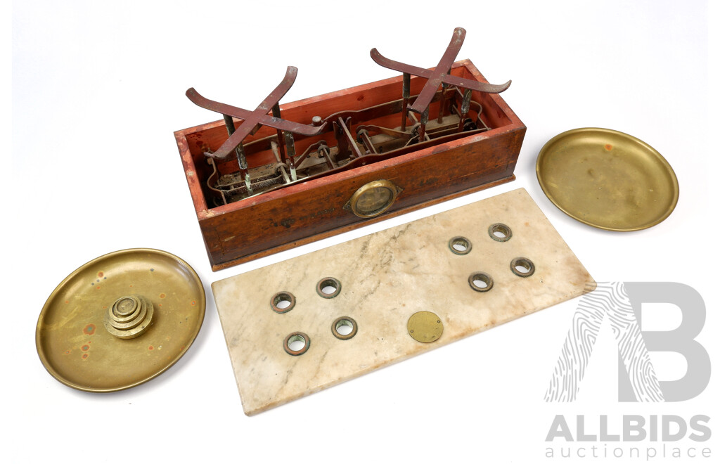 Antique French Made Etablissements Testut Brass and Marble Balance Scales with Weights
