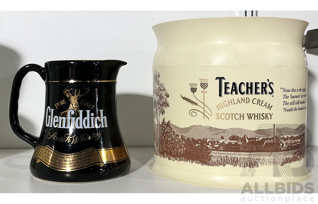 Glenfiddich Scotch Whiskey Jug and Teachers Highland Cream Scotch Whisky Ice Bucket