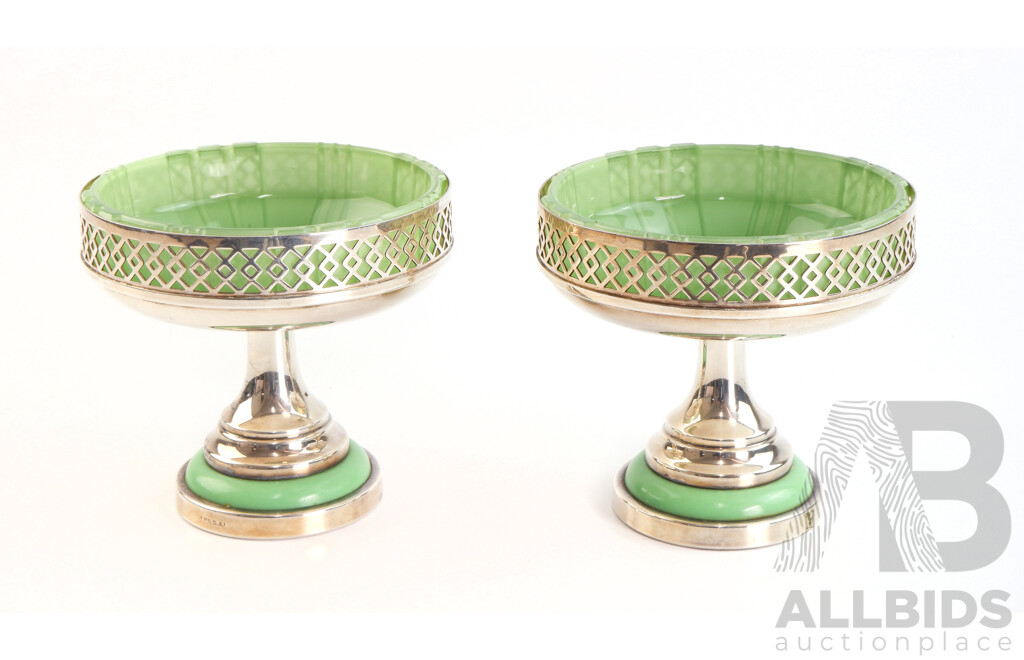 Pair Antique Art Deco Australian Lewbury Silver Plate Comports with Green Glass Inserts and Green Bakelite Bases