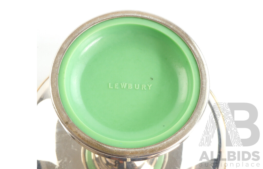 Pair Antique Art Deco Australian Lewbury Silver Plate Comports with Green Glass Inserts and Green Bakelite Bases