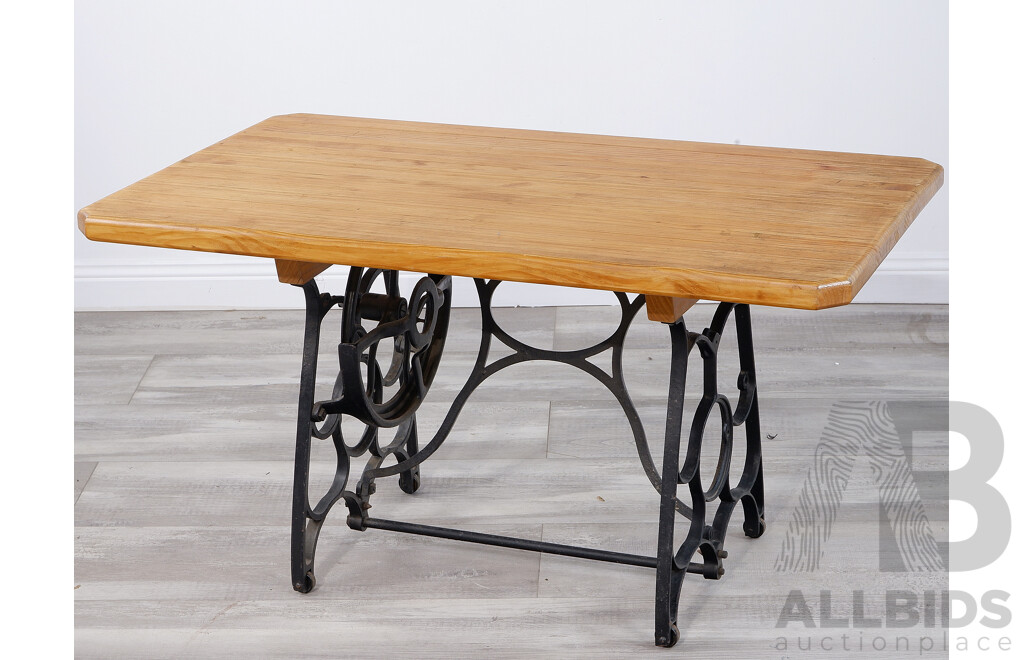 Timber Top Coffee Table with Antique Sewing Machine Base