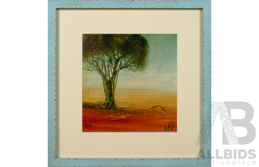 Pro Hart (1928-2006), Untitled (Outback Landscape with Gum Tree) 1978, Oil on Board, 29 x 28 cm