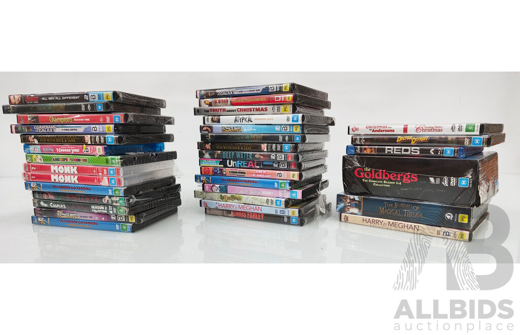 Lot of Various DVDs Including the Goldbergs Complete Collection, Harry & Meghan, Atypical Season 1