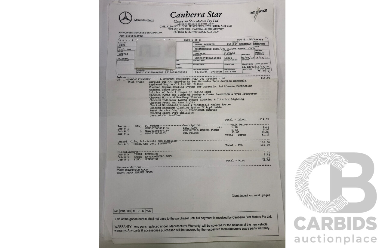 12/2002 Mercedes-Benz C200 Kompressor CL203 2d Coupe Obsidian Black Supercharged 1.8L