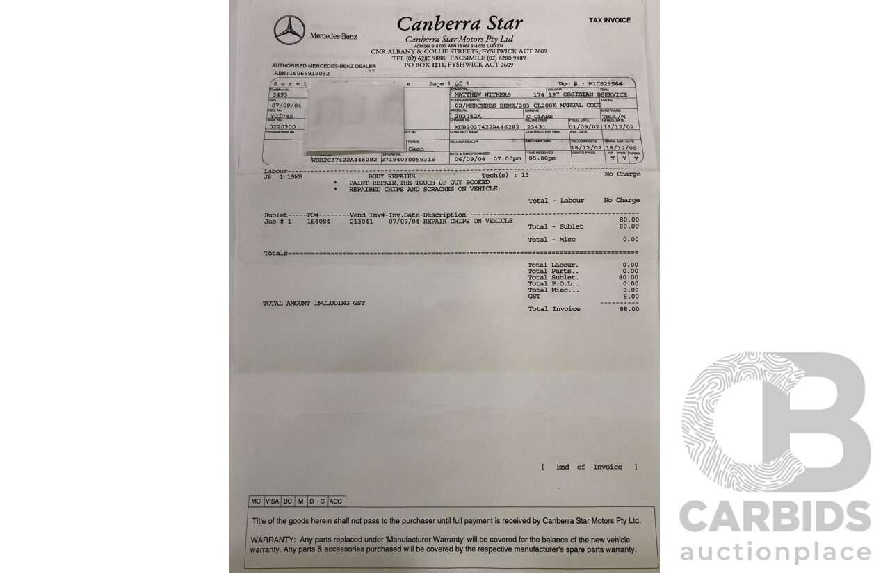 12/2002 Mercedes-Benz C200 Kompressor CL203 2d Coupe Obsidian Black Supercharged 1.8L