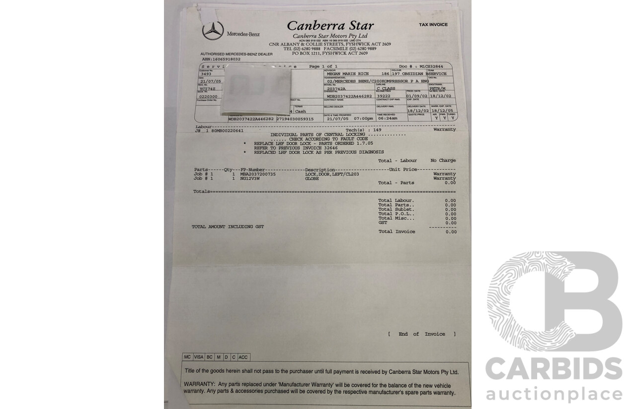 12/2002 Mercedes-Benz C200 Kompressor CL203 2d Coupe Obsidian Black Supercharged 1.8L
