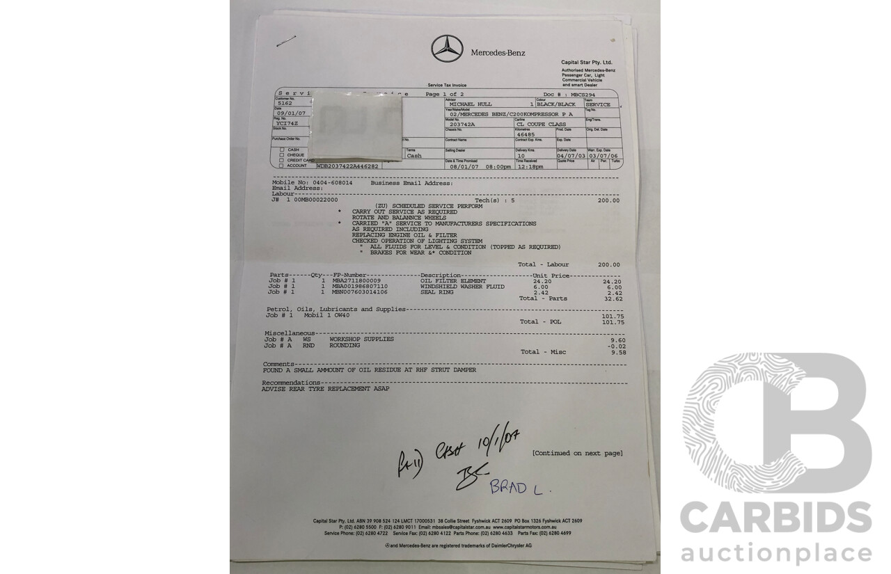 12/2002 Mercedes-Benz C200 Kompressor CL203 2d Coupe Obsidian Black Supercharged 1.8L