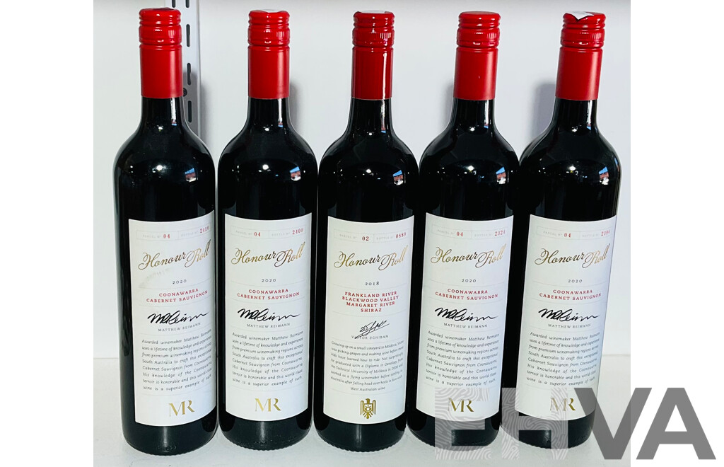 Collection of Four 2020 Coonawarra Cabernet Sauvignon Honour Roll Bottles by Matthew Reinmann and One Bottle of Frankland River Blackwood Valley Margaret River 2018 Shiraz Honour Roll by Victor Zghiban