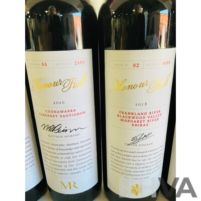 Collection of Four 2020 Coonawarra Cabernet Sauvignon Honour Roll Bottles by Matthew Reinmann and One Bottle of Frankland River Blackwood Valley Margaret River 2018 Shiraz Honour Roll by Victor Zghiban