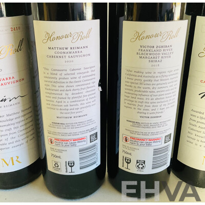 Collection of Four 2020 Coonawarra Cabernet Sauvignon Honour Roll Bottles by Matthew Reinmann and One Bottle of Frankland River Blackwood Valley Margaret River 2018 Shiraz Honour Roll by Victor Zghiban