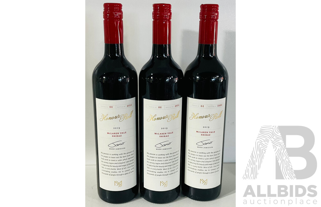 Trio of McLaren Vale Shiraz 2019  - Honour Roll by Mark Jamieson - Parcel No 4 and Bottles No 4953, 4954 and 5000