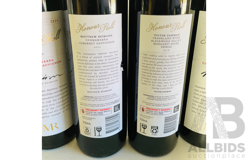 Collection of Four 2020 Coonawarra Cabernet Sauvignon Honour Roll Bottles by Matthew Reinmann and One Bottle of Frankland River Blackwood Valley Margaret River 2018 Shiraz Honour Roll by Victor Zghiban