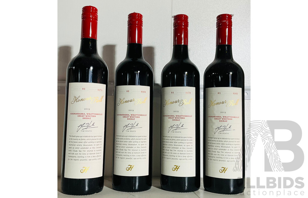 Collection of Four 2019 Connawarra, Wrattonbully Great Western Shiraz Bottles, Honour Roll by Tim Heath