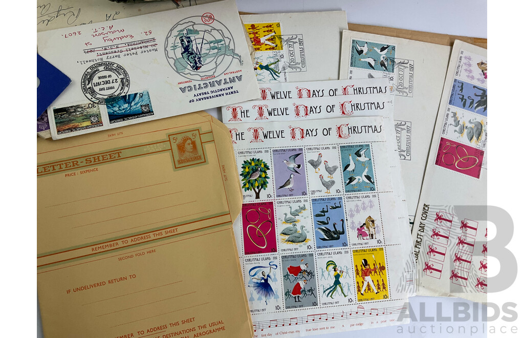 Collection of Cancelled and Mint Stamps, First Day Covers, Stamp Packs Including Australian Predecimal, Columbia, USA, Turkey, Christmas Island,