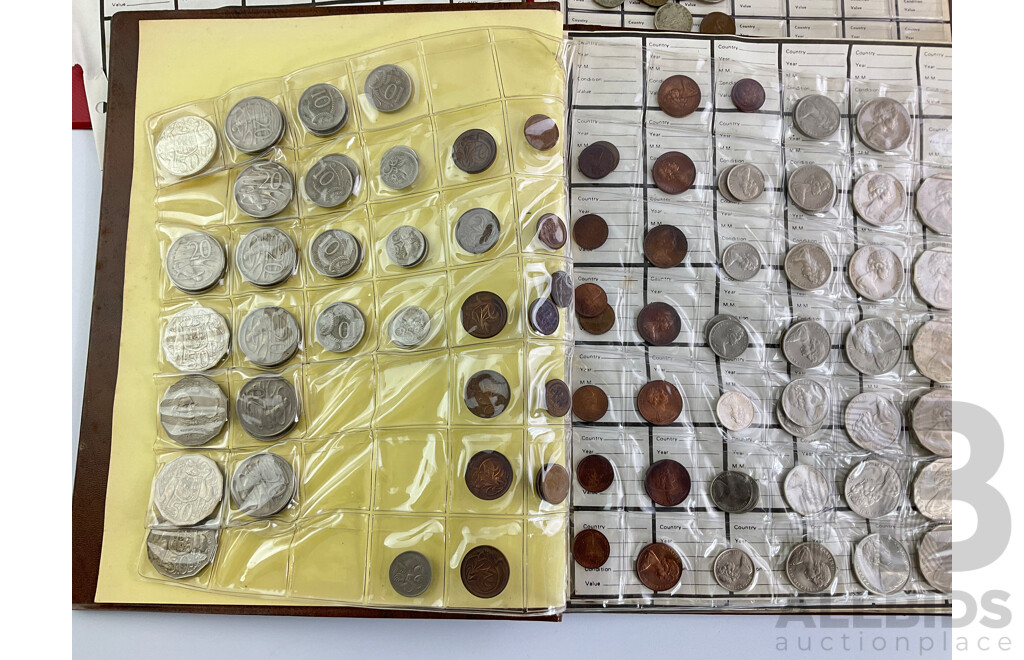 Collection of Mostly Australian Coins Including a Round Fifty Cent Coin, Commemorative Fifty Cents and One Dollars, International Coins Include USA, UK and Hong Kong