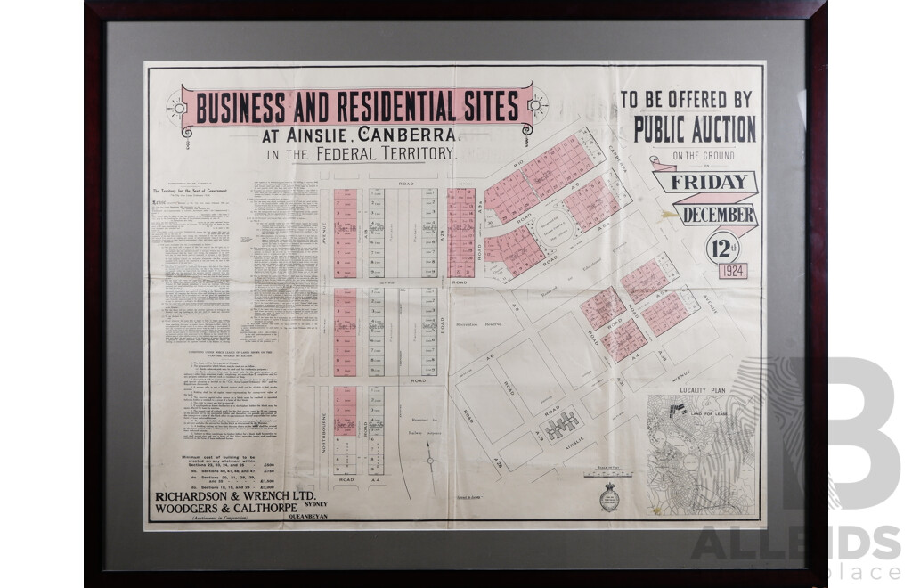 Original 1924 Auction Site Plan, 'Business & Residential Sites at Ainslie, Canberra, in the Federal Territory'